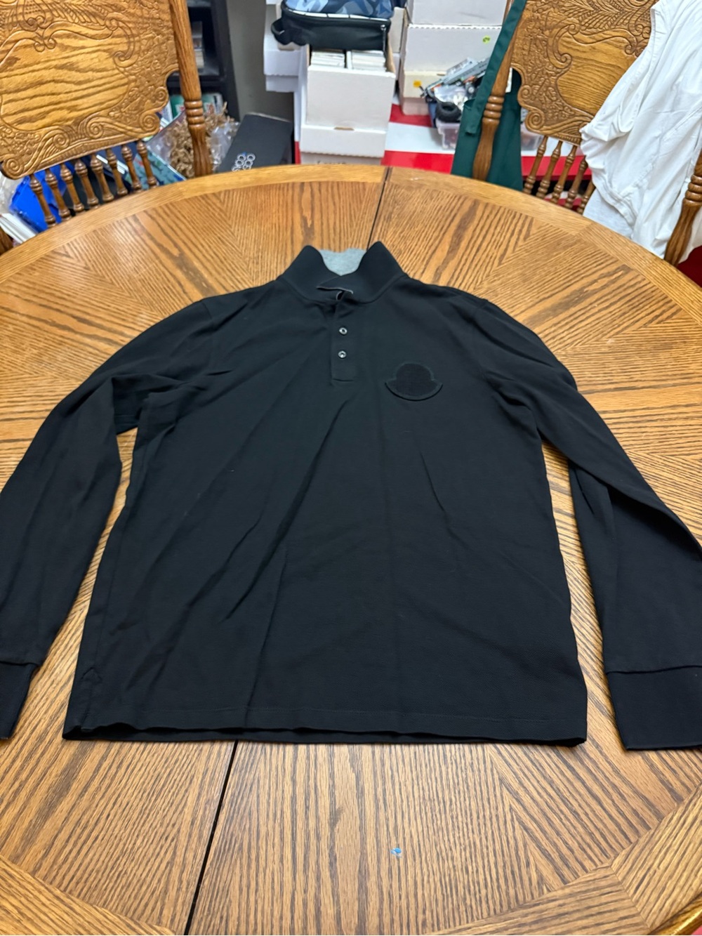 Moncler Black Long Sleeve Polo with Tonal Logo